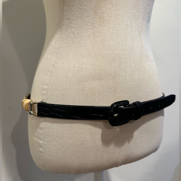 J. McLaughlin Black Leather Croc Embossed Bamboo Gold Hardware Belt Size L - Picture 3 of 5